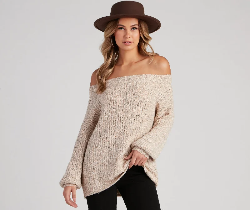 Pullover sweater with flared sleeves -Cozy Chic Off The Shoulder Sweater