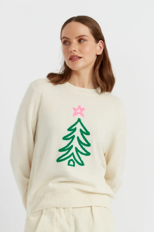 Pullover sweater with silver buttons -Cream Wool-Cashmere Christmas Tree Sweater