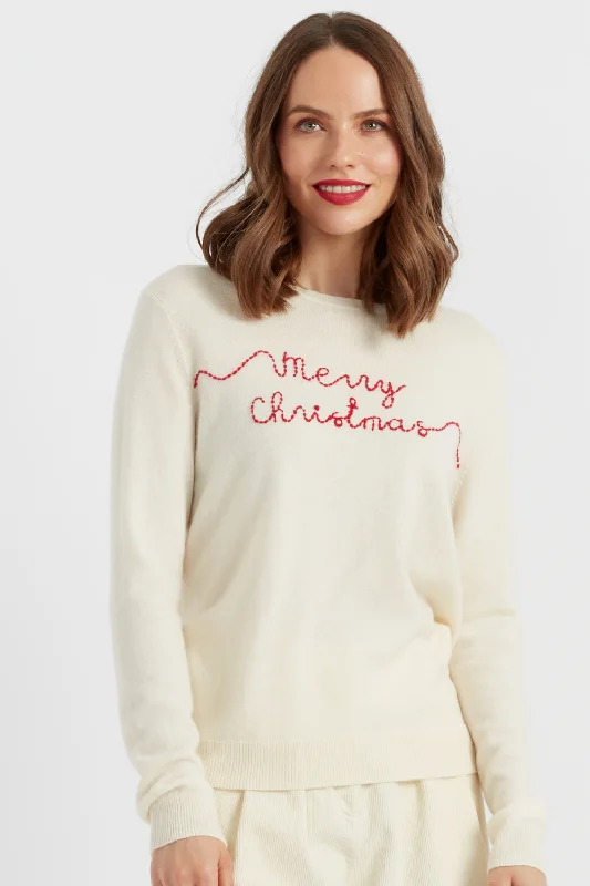 Pullover sweater with front pleats -Cream Wool-Cashmere Merry Christmas Sweater