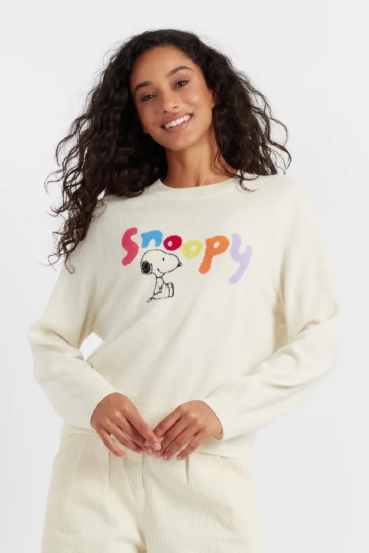 Pullover sweater with puffed sleeves -Cream Wool-Cashmere Snoopy Sweater