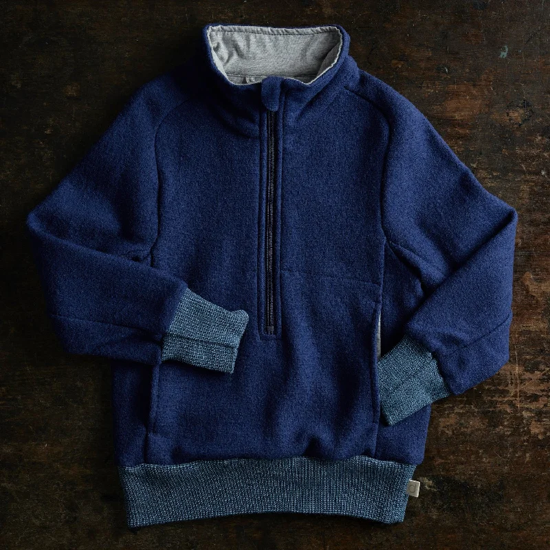 Pullover sweater with gold buttons -Light Weight Boiled Merino Wool Half Zip Sweater - Navy