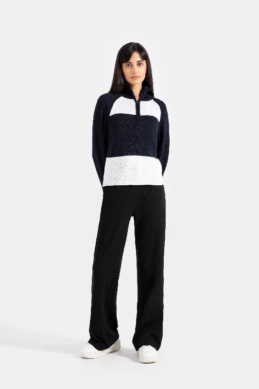 Pullover sweater with long ruffles -striped color block sweater