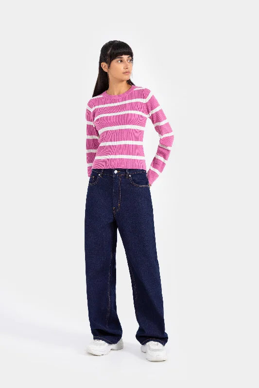 Pullover sweater with velour finish -striped sweater