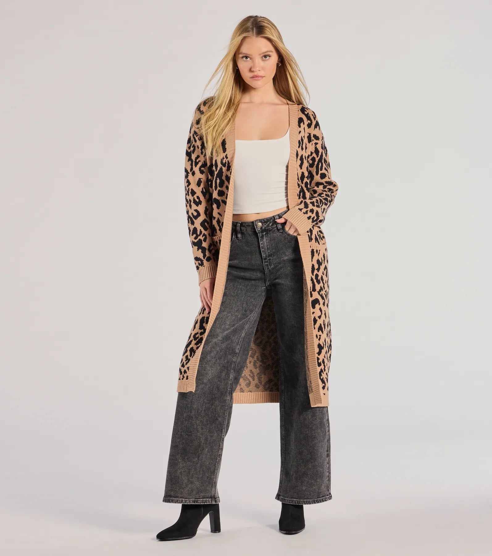 Cardigan with wave print -Fierce Vibes Leopard Print Long Sleeve Knit Duster