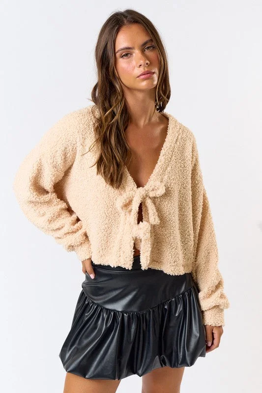 Open-front cardigan for layering -Fly Away Front Tie Teddy Cardigan Top