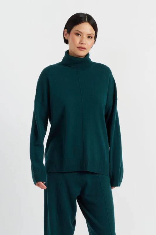 Pullover sweater with fuzzy hem -Forest-Green Wool-Cashmere Relaxed Rollneck Sweater