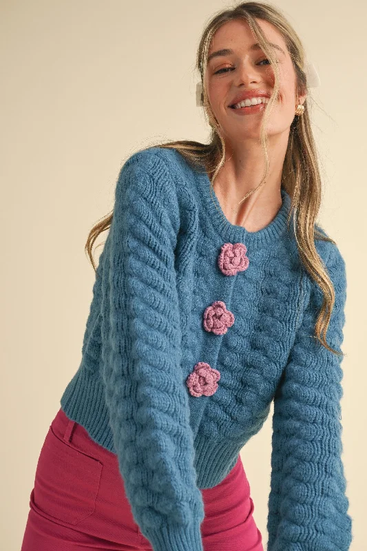 Lightweight cardigan for cool nights -French Blue Knit Cardigan with Rosette Detail