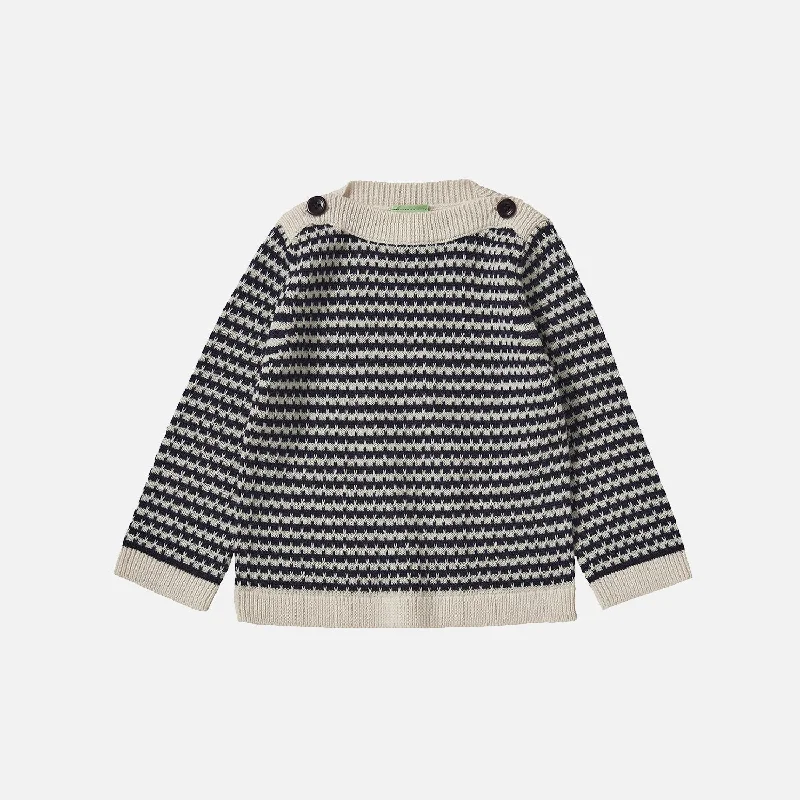 Pullover sweater with long back -Baby Merino Wool Boatneck Sweater - Ecru/Dark Navy Stripe