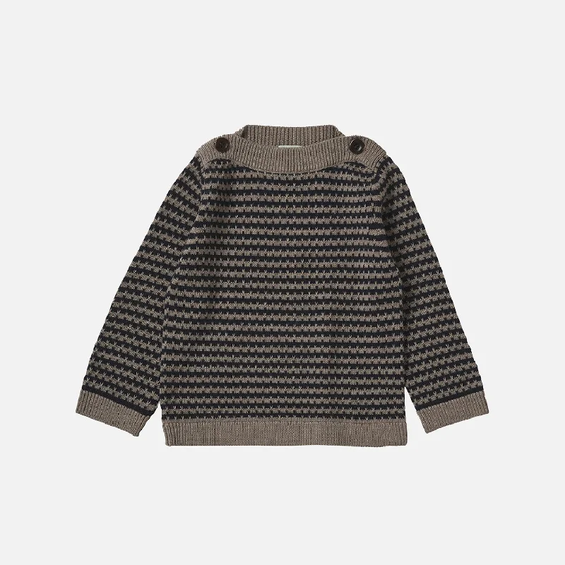 Pullover sweater with toggle buttons -Baby Merino Wool Boatneck Sweater - Hazel Melange/Dark Navy Stripe