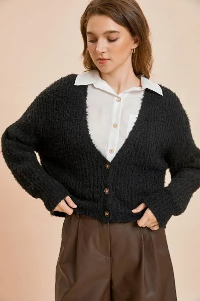 Cardigan with elbow patches -Fuzzy Knit Cardigan