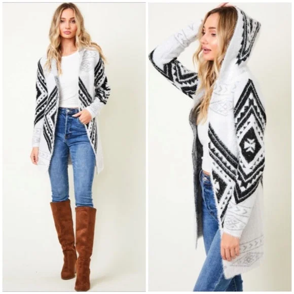 Cardigan with animal print -Fuzzy Soft Knit Hooded Long Sleeve Aztec Tribal Native Western Cardigan Sweater