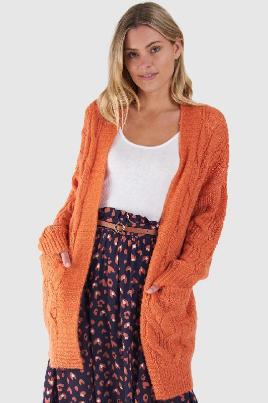 Cardigan with relaxed sleeves -Grace Papaya Orange Cable Knit Longline Cardigan