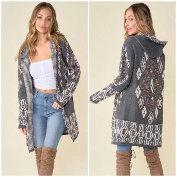 Cardigan with relaxed sleeves -Gray Aztec Rainbow Western Hooded Knit Cardigan Long Sleeve Open Sweater