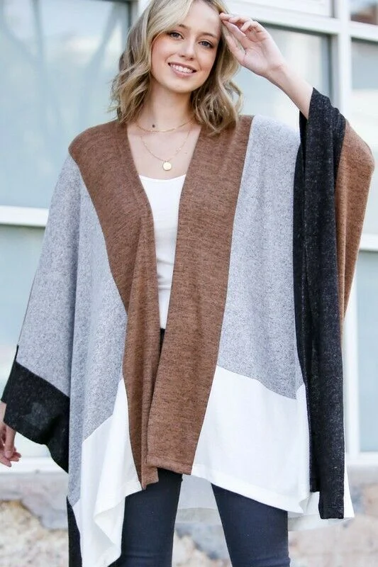 White cardigan with button hem -Gray Camel Color Block Asymmetrical Dolman Poncho Ruana Cardigan Casual Womens