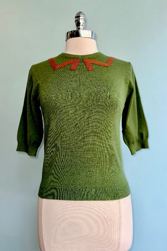 Pullover sweater with long fringe -Olive Green Sweater with a Bow Collar Detail by Tulip B.