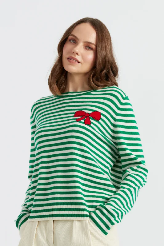 Lightweight pullover sweater for fall days -Green Wool-Cashmere Bow Breton Sweater