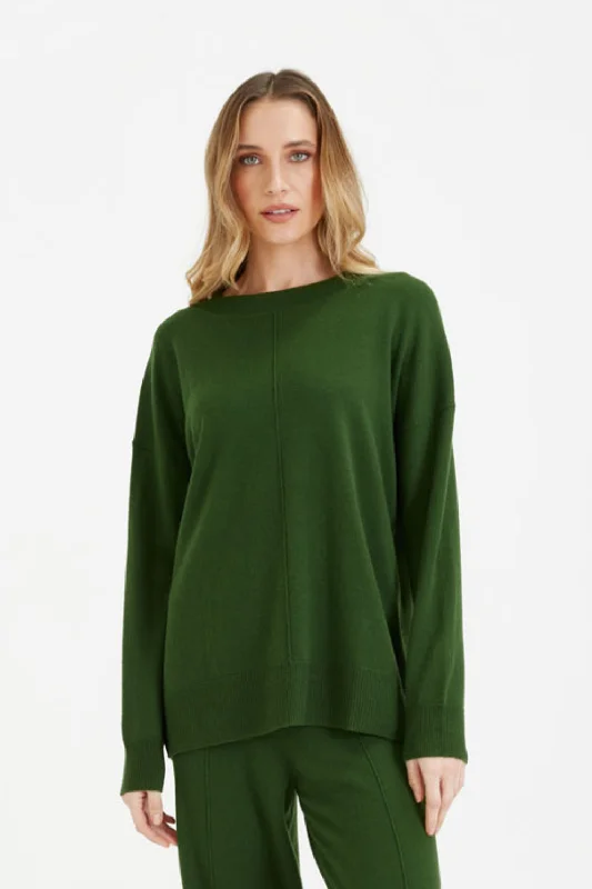 Pullover sweater with long fringe -Green Wool-Cashmere Slouchy Sweater