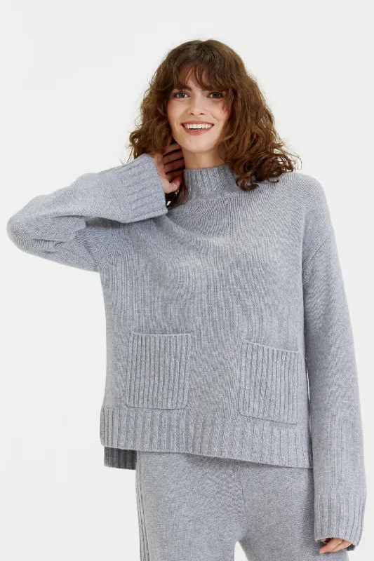 Pullover sweater for back-to-school -Grey Cashmere Patch Pocket Sweater