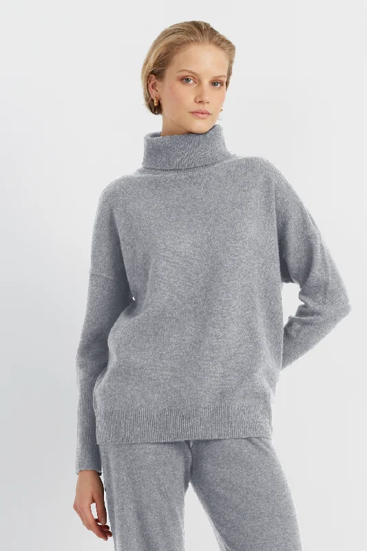 Pullover sweater for outdoor picnics -Grey Cashmere Rollneck Sweater