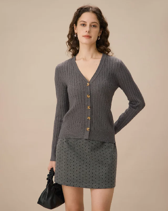 Gray cardigan for chilly weather -Grey V-Neck Single-breasted Cardigan