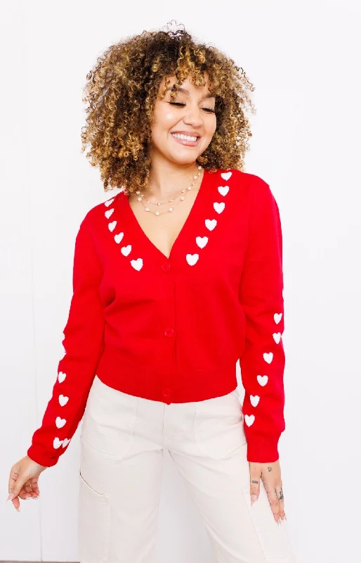 Blue cardigan with fuzzy texture -Endless Rose: Heart Contrast Knit Cardigan, RED