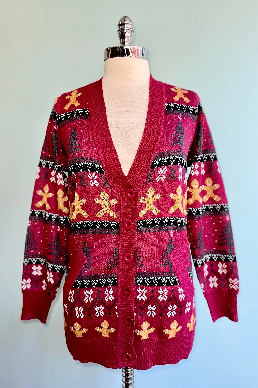 Gray cardigan for weekend style -Burgundy Holiday Fair Isle Long Cardigan Sweater