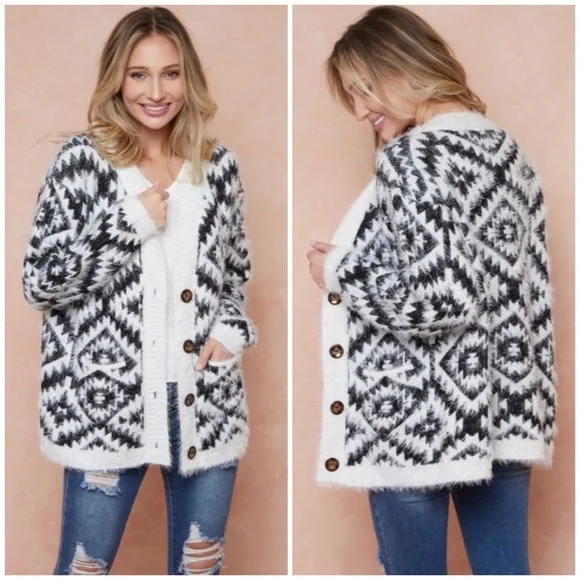 Cardigan for chilly mornings -Ivory & Black Fuzzy Soft Eyelash Aztec Tribal Button Up Knit Cardigan Sweater