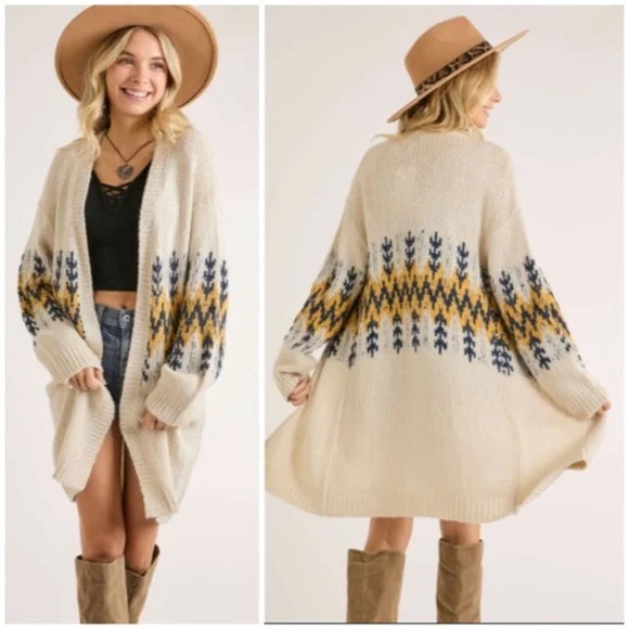 Women's lightweight cardigan -Ivory Mustard Tribal Pattern Puff Sleeve Knit Cardigan Sweater Fall Winter