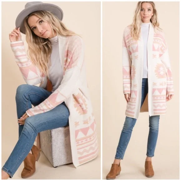 Cardigan for rainy seasons -Ivory Pink Aztec Western Boho Print Blanket Cozy Knit Cardigan Sweater Women's