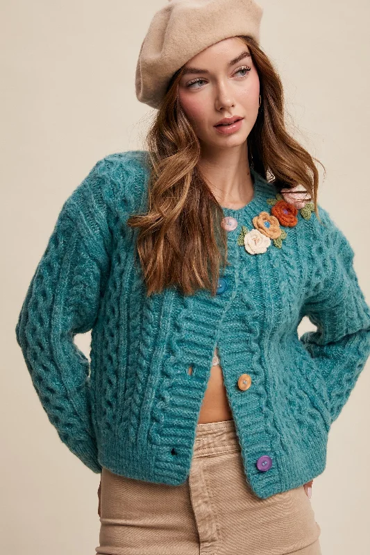 Cardigan with hood for rainy days -Jade Flower Detail Cable Knit Button Front Cardigan