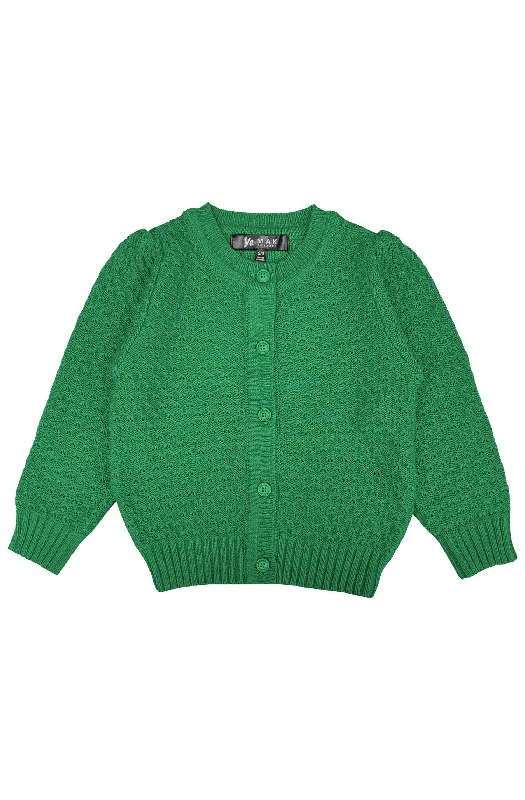 Cardigan with ribbed back -Kids Kelly Green Puff Sleeve Cardigan