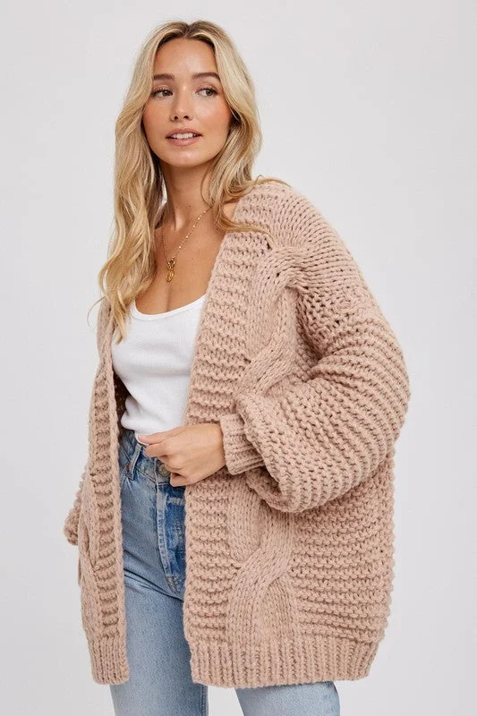 Cardigan with floral embroidery -Latte Chunky Cable Knit Cardigan