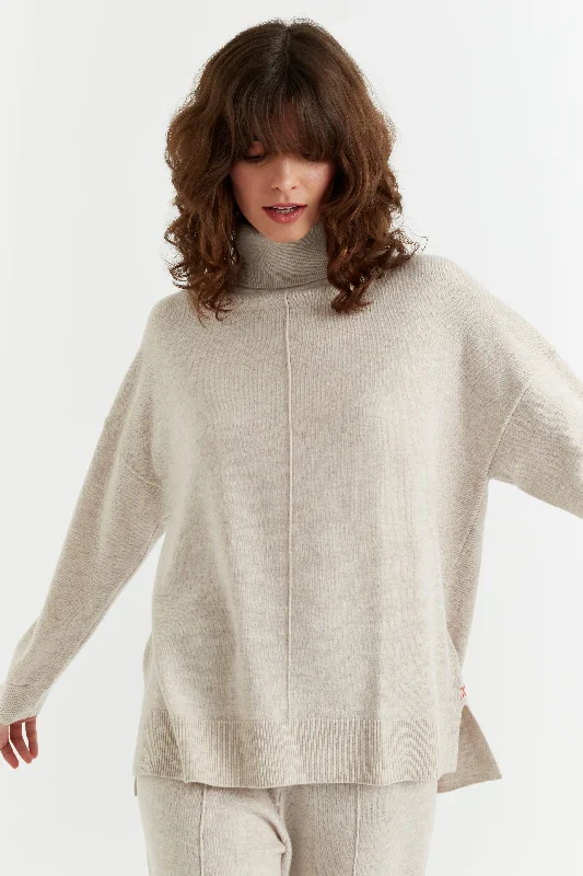 Pullover sweater with loose collar -Light-Oatmeal Wool-Cashmere Relaxed Rollneck Sweater