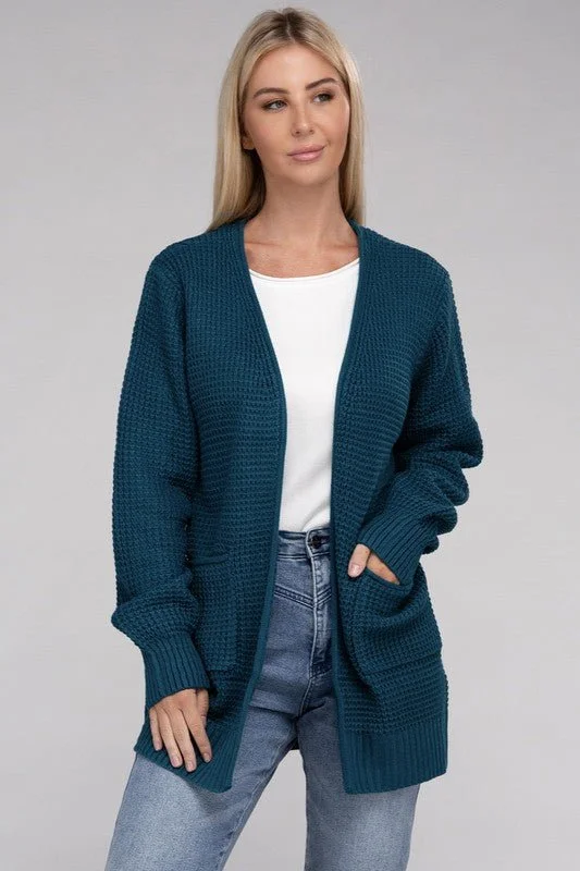 Cardigan with side tie -Waffle Open Cardigan Sweater