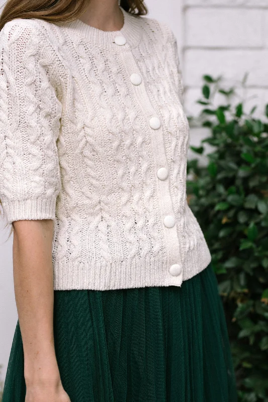 White cardigan with floral trim -Marlene Short Sleeve Cardigan