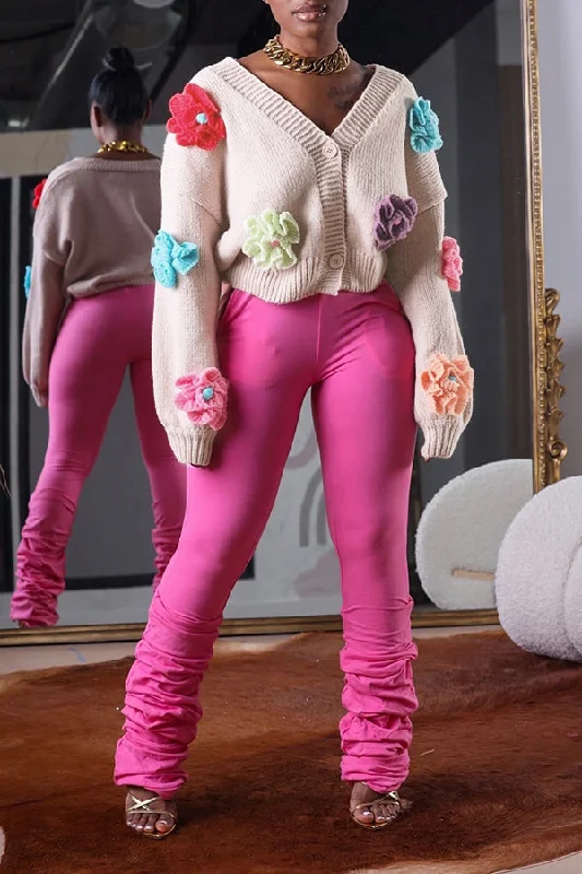 Cardigan with front fringe -Chic 3D Colorful Flowers Cardigan