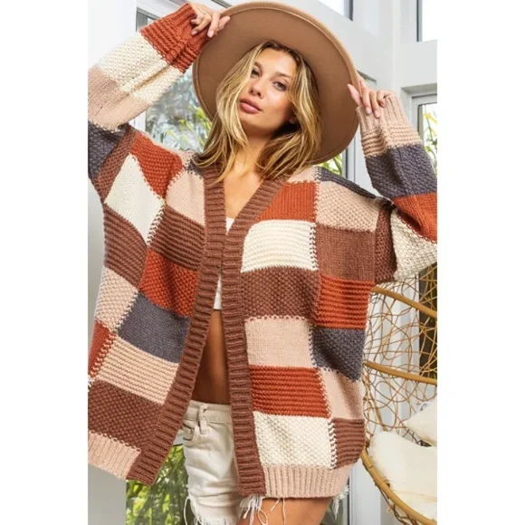 Gray cardigan for casual outings -Mocha Brown Combo Checker Block Knit Cardigan Sweater