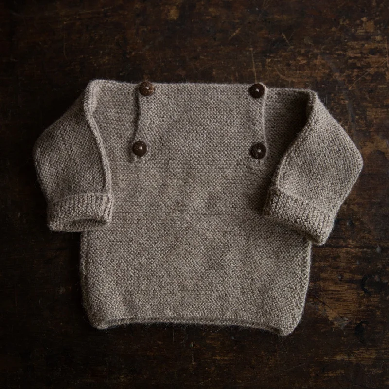 Pullover sweater with floral cuffs -Baby Hand Knit Alpaca Sweater - Oatmeal