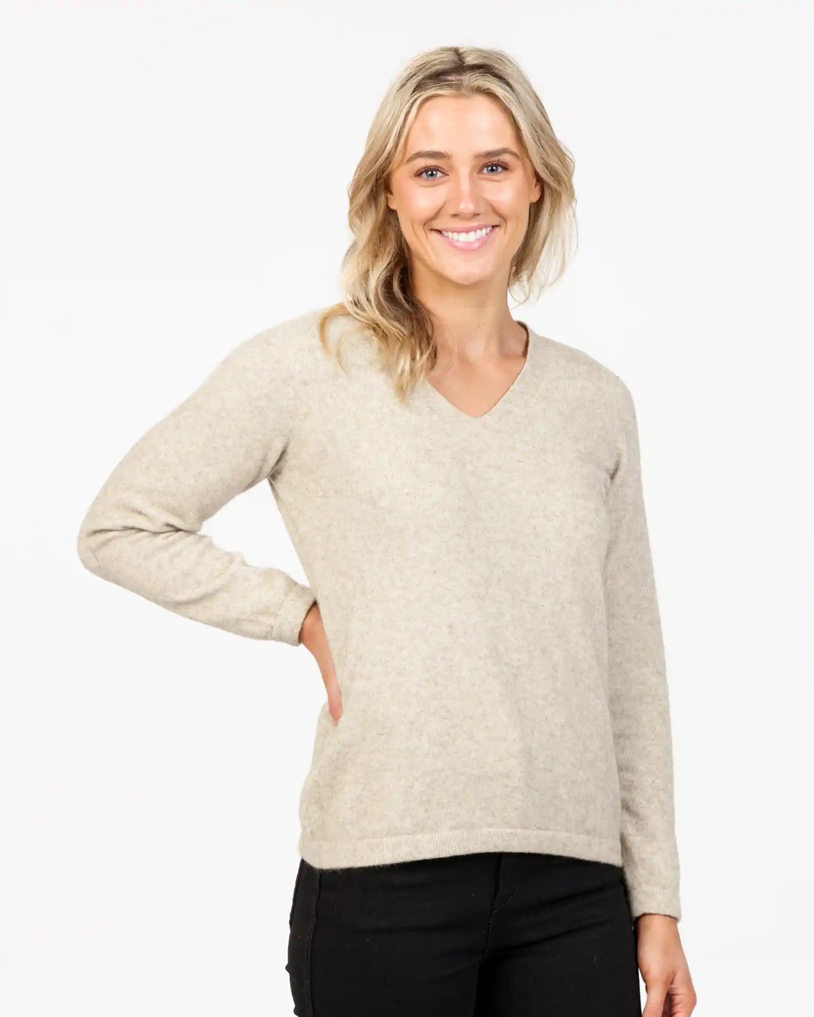 Pullover sweater with ribbed back -Natural Women's Vee-Neck Merino Wool Sweater - NB396