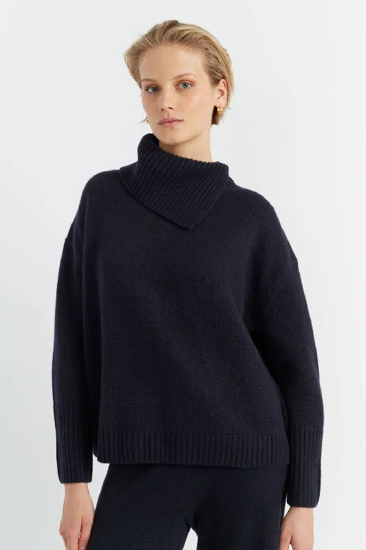 Pullover sweater with leaf embroidery -Navy Cashmere Asymmetric Sweater