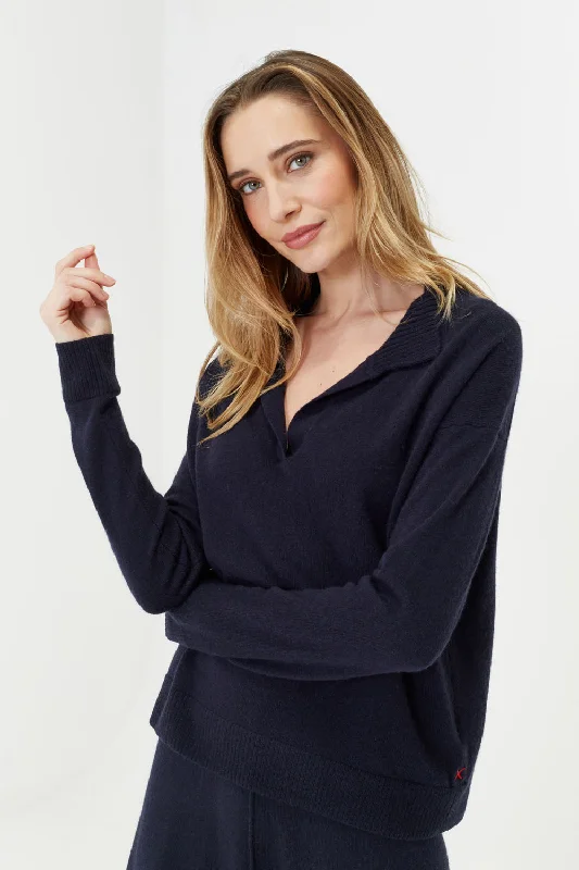 Pullover sweater with relaxed sleeves -Navy Wool-Cashmere Collared Sweater