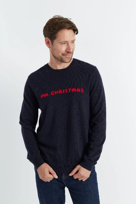 Green pullover sweater for casual style -Navy Wool-Cashmere Mr. Christmas Sweater