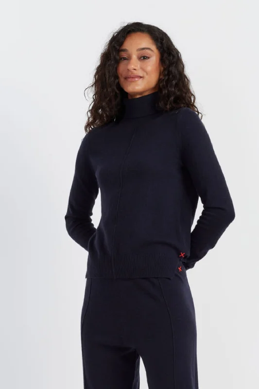 Pullover sweater with side fringes -Navy Wool-Cashmere Rollneck Sweater