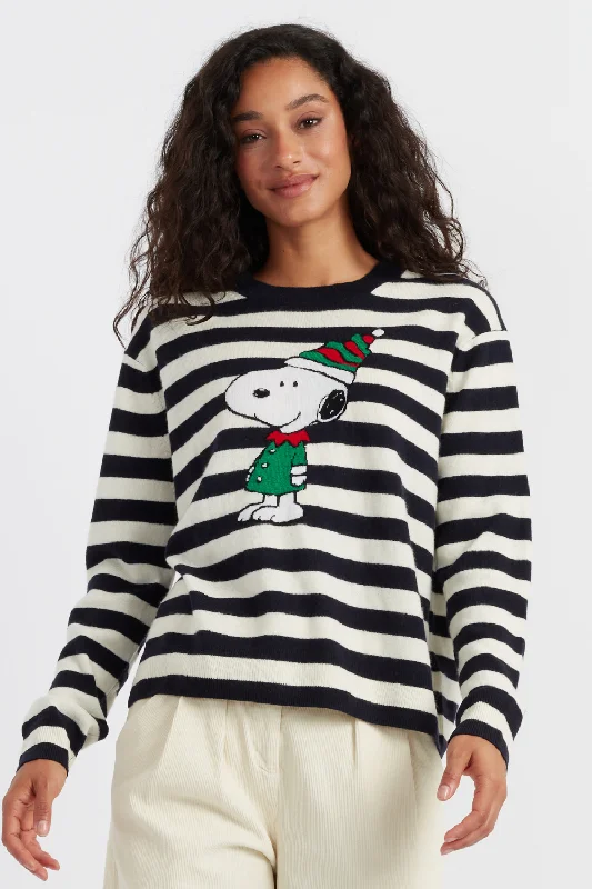 Pullover sweater with wave pattern -Navy Wool-Cashmere Snoopy Christmas Elf Sweater