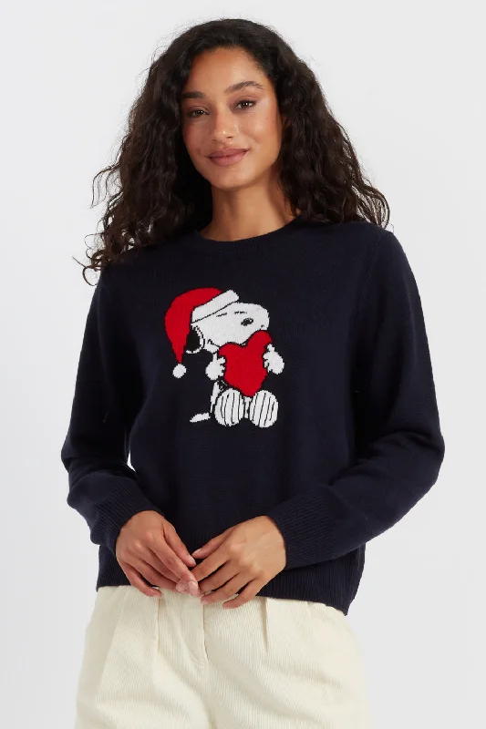 Pullover sweater with ribbed hem -Navy Wool-Cashmere Snoopy Santa Sweater