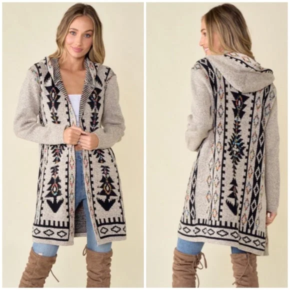 Cardigan with leaf pattern -Oatmeal Aztec Rainbow Western Hooded Knit Cardigan Long Sleeve Open Sweater