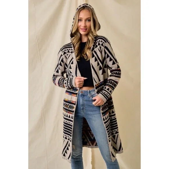 White cardigan with button front -Oatmeal Multi Rainbow Aztec Jacquard Hooded Knit Open Cardigan Western Sweater