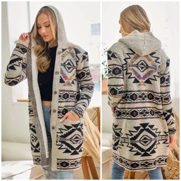 Blue cardigan with cozy lining -Oatmeal Rainbow Aztec Sherpa Lined Knit Button Hooded Cardigan Casual Sweater