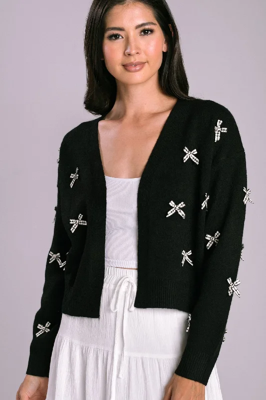 Warm cardigan for holiday nights -Odalis Bow Open Cardigan