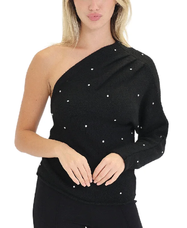 Pullover sweater with fitted hem -Off Shoulder Sweater w/ Rhinestones